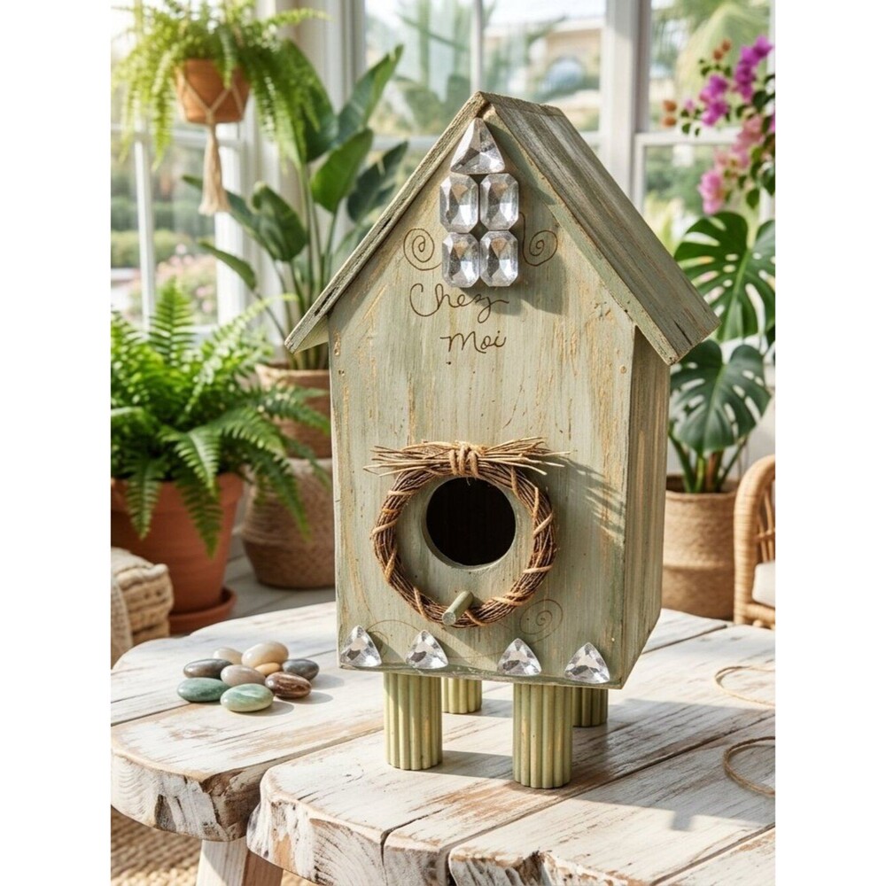 Whimsical Rustic Green Birdhouse with Crystal Accents
